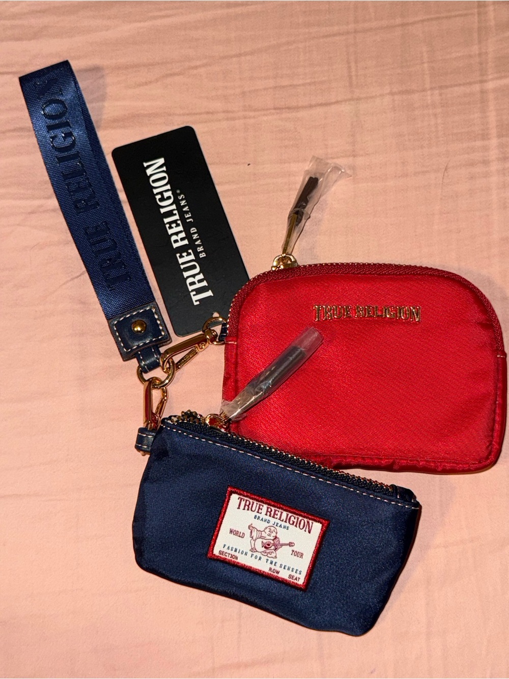True Religion Red and Navy Dual Pouch Wristlet with Branded Strap
